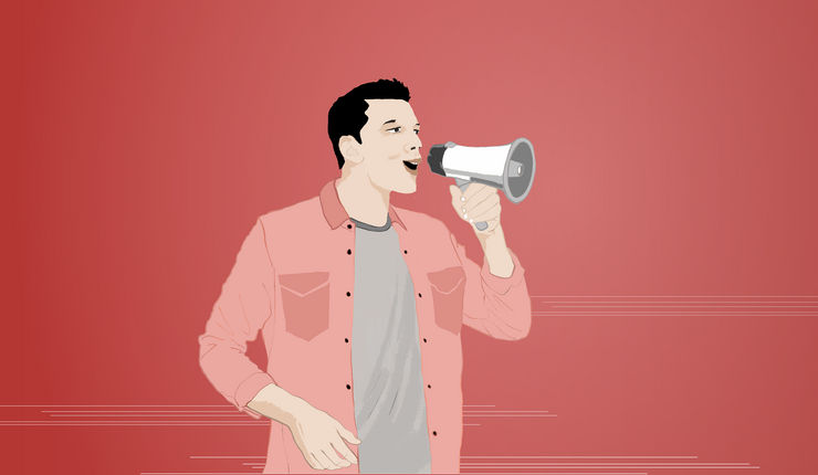 Auf einem hellroten Untergrund ist die Illustration eines Mannes zu sehen. Er spricht in ein Megaphone.